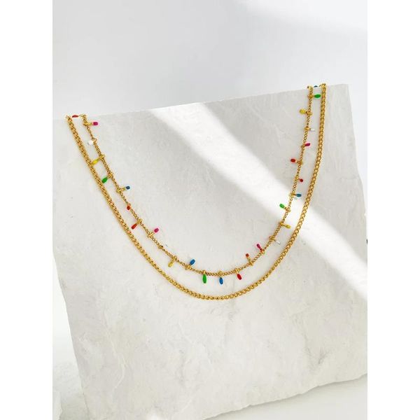 

chains ghidbk colorful waterdrop charm necklace rainbow enamel tassel choker 2 layered link chain necklaces for women patry jewelry, Silver
