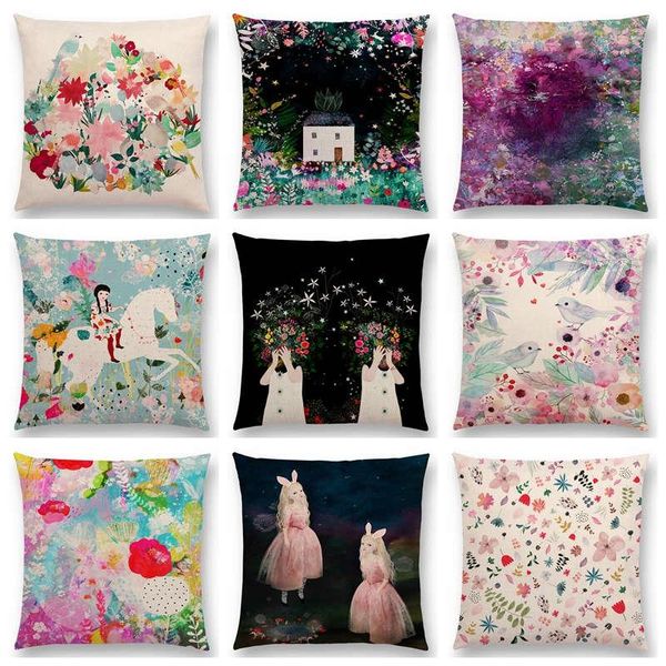 

cushion/decorative pillow lovely girl flowers leaf tree floral pattern dreamy garden fantasy night cat deer bird cushion sofa throw