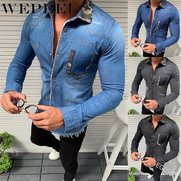 

wepbel spring autumn men's denim shirt casual long-sleeved single breasted turn down collar men's denim blue shirt with tassel, White;black