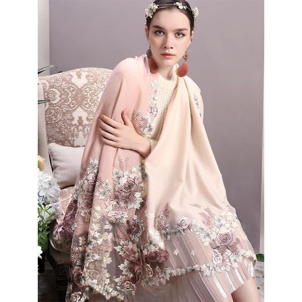 

scarves 100% cashmere scarf flowers into a dream~imported embroidery scarf/shawl stitching gradient pink winter shawl women, Blue;gray