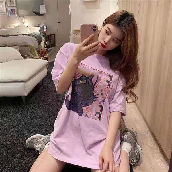 

chaopai miao jia sweet age reduction beautiful digital printing diamond moon cat cute round neck t-shirt girl, White