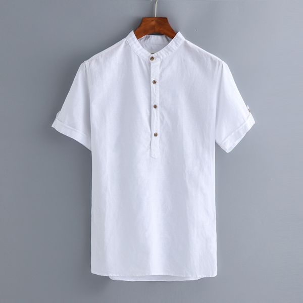 

2021 new stand collar summer short sleeve linen men big size casual mens shirt solid business shirts male chemise camisa y2oj, White