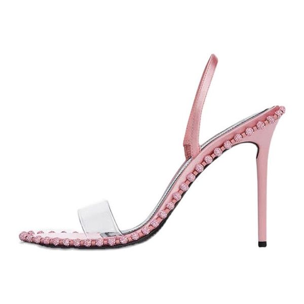 

dress shoes high-heeled with open toe water drill transparent one line belt female pink sandal, Black