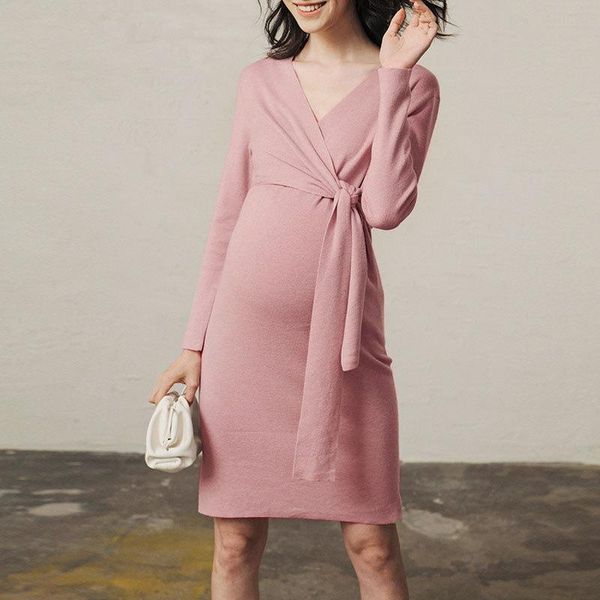 

maternity dresses knitting nursing dress for pregnant women autumn solid long-sleeved fashion office lady plus size 2021, White