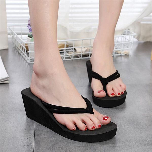 

women summer solid color wild beach wedges thick bohemian style slippers bottoms bohemian style high-heel flip flops shoe, Black