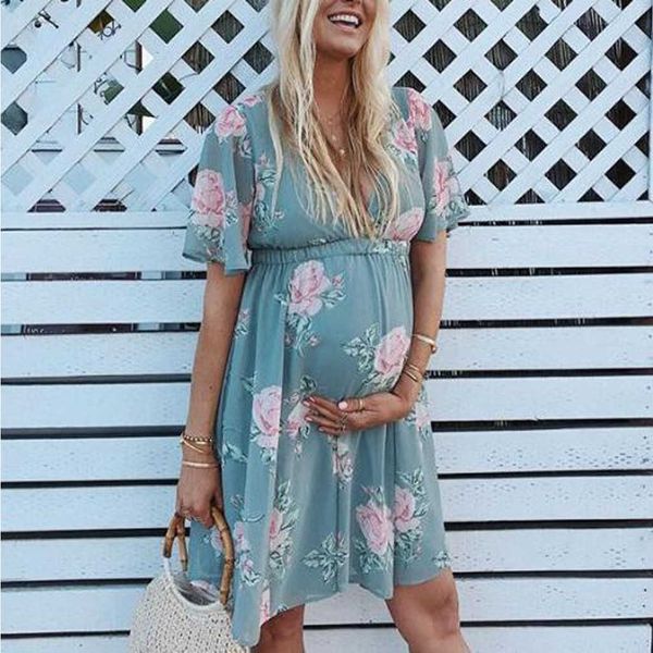 Новая летняя мода повседневные женщины с коротким рукавом беременное платье для беременных цветок одежды для беременных беременность платье по беременности Q0713