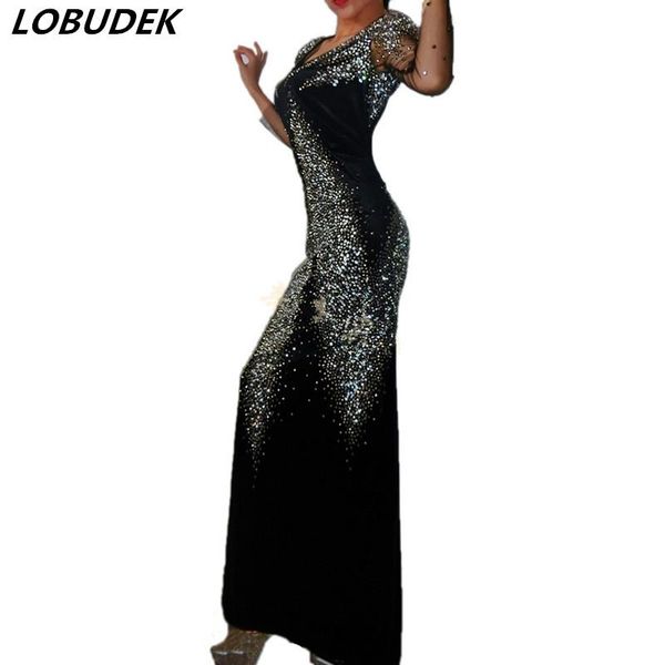 

casual dresses full rhinestones black backless long dress female star singer host stage costume prom party celebration one piece, Black;gray