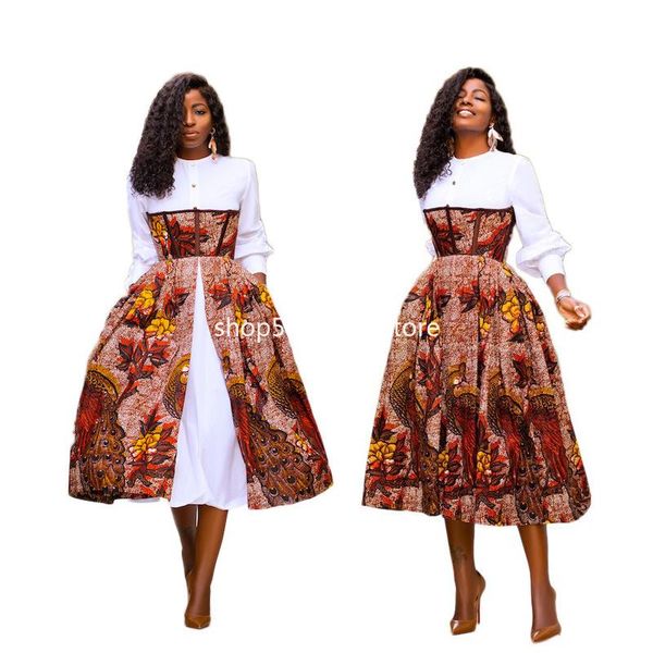 

ethnic clothing 2021 autumn african women printing o-neck long sleeve dress dresses for american print, Red