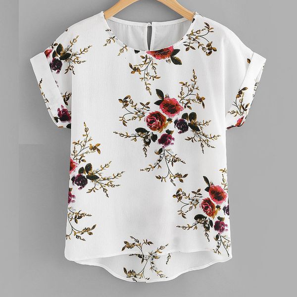 

ladies o-neck paragraph t-shirts for women flower printer short mouw chiffon tee trui ropa muja, White