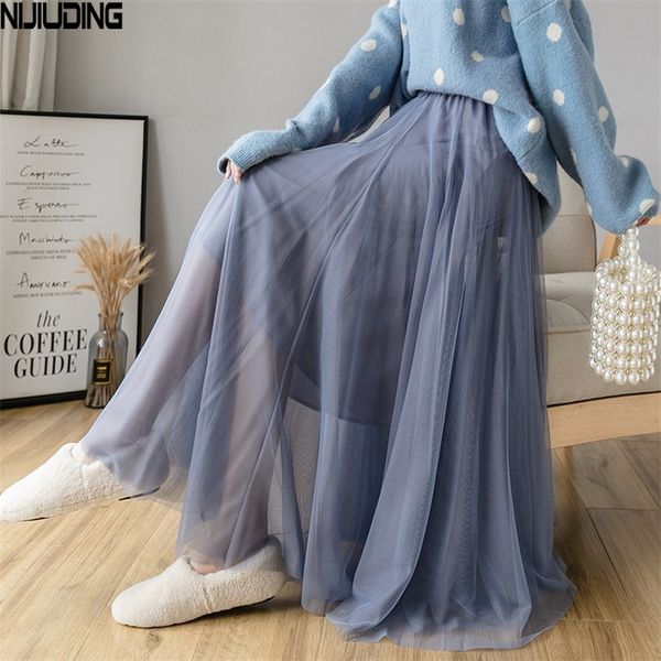 

nijiuding half-length skirt female autumn new style mid-length skirt high-waist solid color pleated a-line mesh skirt 210310, Black