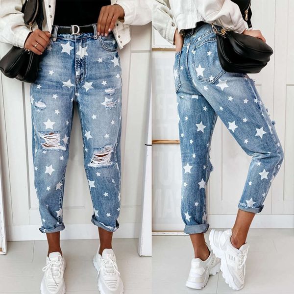 

simple and slim star pattern trousers for women, Blue