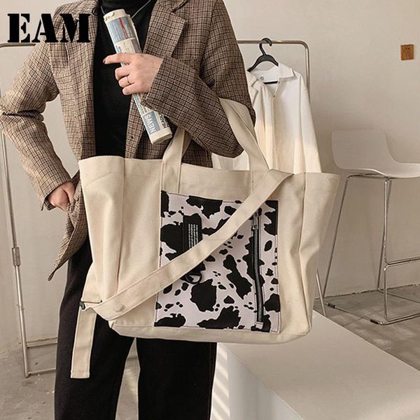 

shoulder bags [eam] women large capacity tote bag cow pattern canvas personality all-match crossbody fashion 2021 18a2005