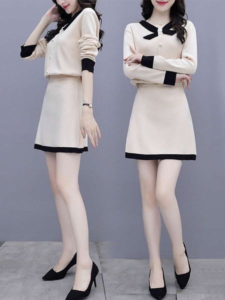 

light mature wind knitting fashion suit skirt spring and show thin temperament two piece set autumn foreign style bottom dress female, White
