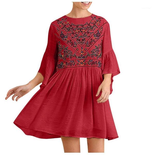 

casual dresses summer dress 2021 women fashion loose short sleeve embroidery print flared beach female vestidos, Black;gray