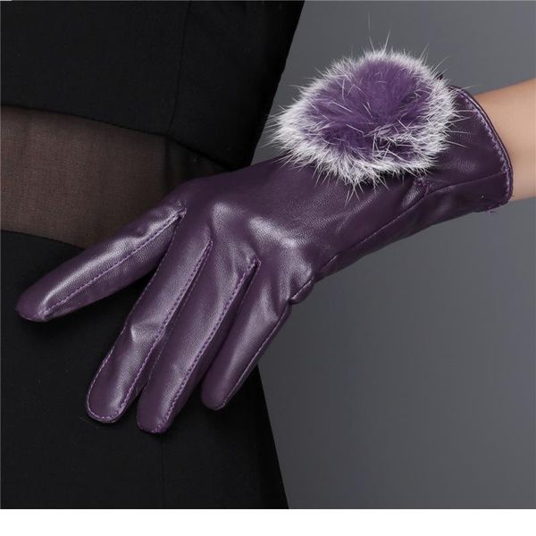 

1 pair women's glove faux leather winter driving gloves soft windproof gloves rabbit fur warm outdoor touch screen glove jllikr, Black