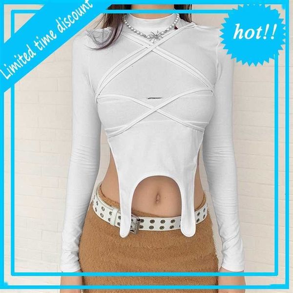 

wind 2021 autumn and winter new women's wear solid color slim fitting open navel fashion label long sleeve round neck t-shirt, White