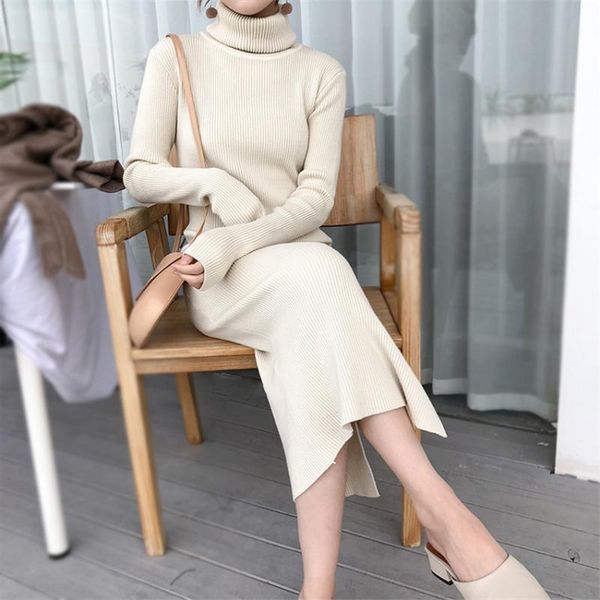 

casual dresses winter knitted long dress women autumn turtleneck sleeve sweater lady split loose vestidos, Black;gray