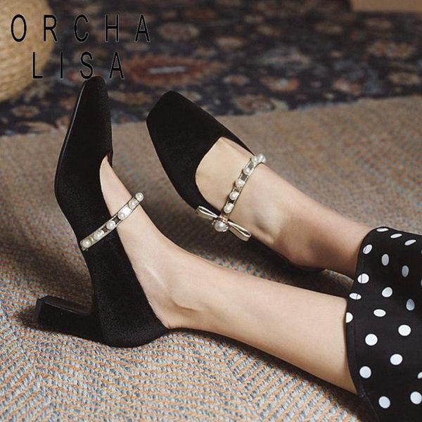 

dress shoes orcha lisa 2021 women pumps square toe 7cm block heels flock buckle pearl elegent stylish vintage big size 48 casual a3830, Black