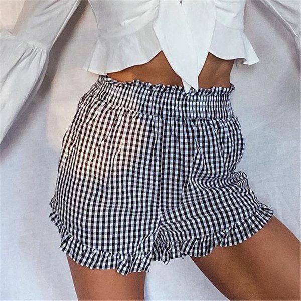 

2021 new stylish plaid summer women elegant ruffle elastic high waist wide leg beach casual shorts female x85d, White;black