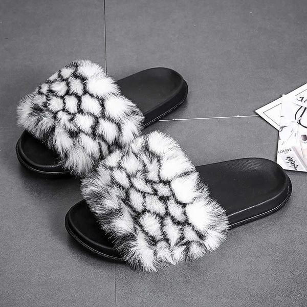 

pair 2021 bont slippers women 45 real fox fur slides home hairy plate sandals cute plunge house shoes female make luxury, Black