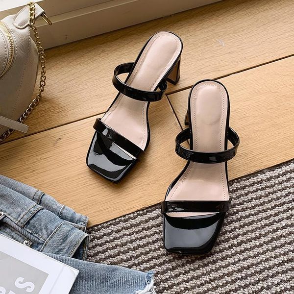 

women luxury slippers fashion genuine leather brand mules open toe slip on high heel dress shoes women outdoor slides, Black