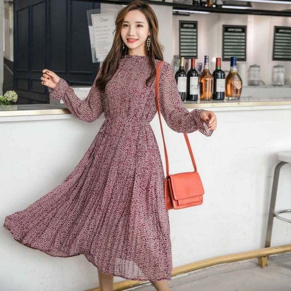 

temperament stand small floral chiffon fashion dress 2021 spring women's collar loose and thin pleated medium length skirt hot, Black;gray