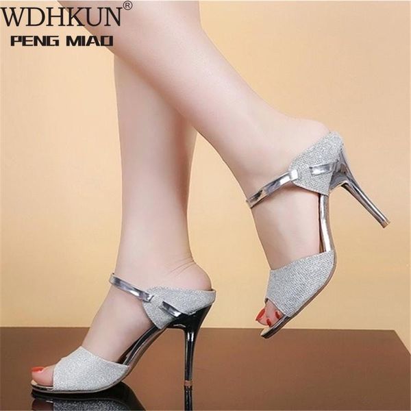 

woman slippers heels 7cm summer 2021 sandals party black gold pumps women white sandals femmes sandales retro shoes women heels