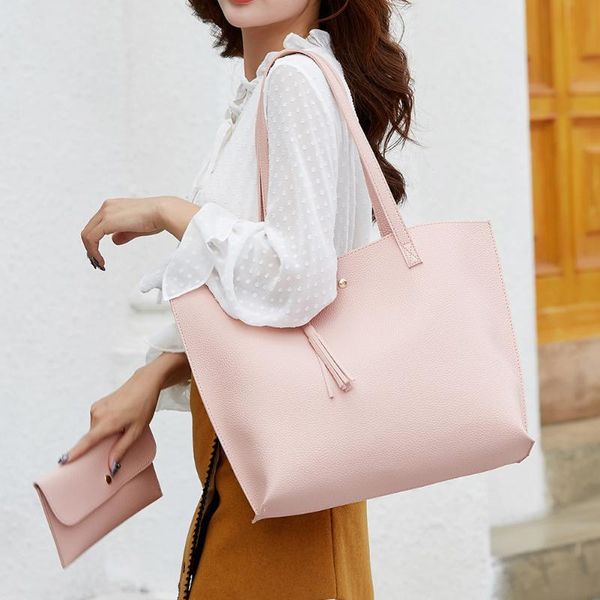 

evening bags 2pcs composite pu leather solid color tassel shoulder shopping bag casual ladies large capacity tote handbags mini purse