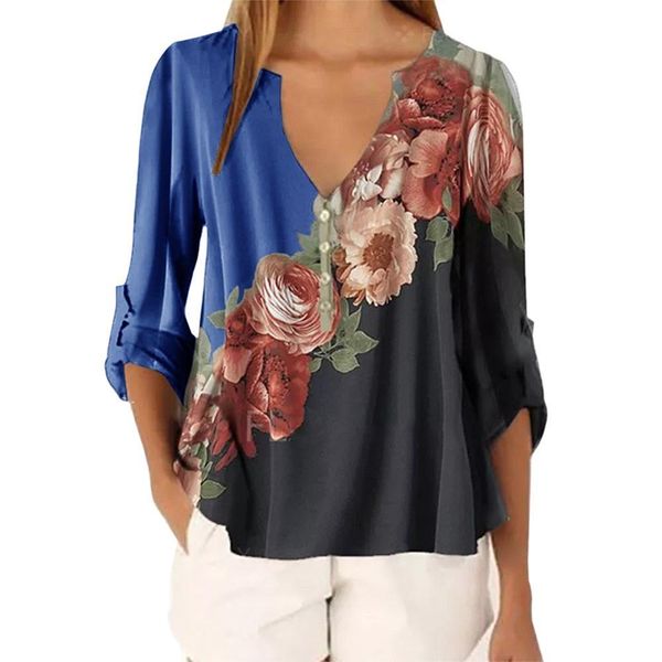 

floral printed blouses v neck summer womens three quarter 3 4 bell sleeve casual loose ladies female plus size, White