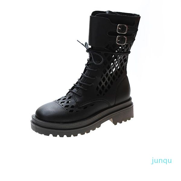 

wholesale- boots fashion rome women's shoes round toe lace-up platform motorcycle boot 2021 summer breathable cool hollow hole casual a, Black