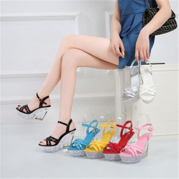 

sandals summer wedges women transparent platforms pumps ankle strap 10cm high-heeled stilettos women's candy colors shoes black