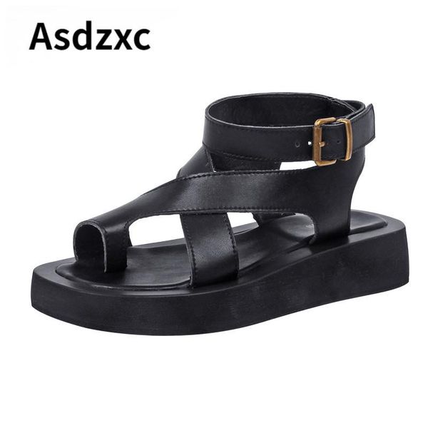 

sandals women genuine leather 2021 summer clip toe ladies roman shoes muffin, Black