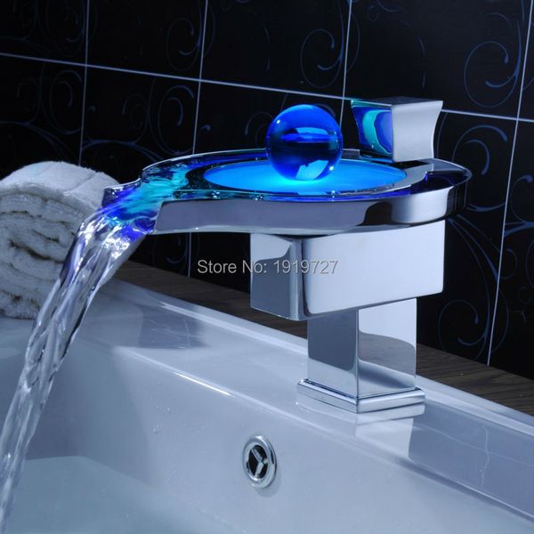 

bathroom sink faucets new design three color temperature controlled led light waterfall mixer tap single handle vessel basin fauce