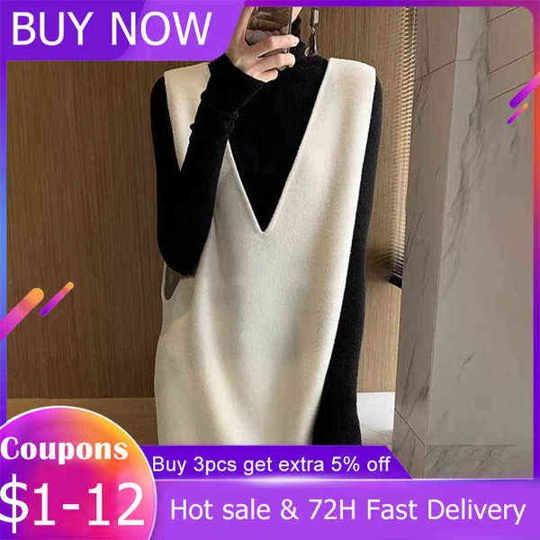 Stricken Kleider Frauen 2021 Herbst Winter V-ausschnitt Pullover Ärmellose Lange Kleid Koreanischen Stil Lose Weste Wolle Fleece Pullover Rock G1214