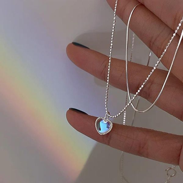 

pendant necklaces allme double layered shinning opals love heart necklace for women ladies silver color beaded accessories