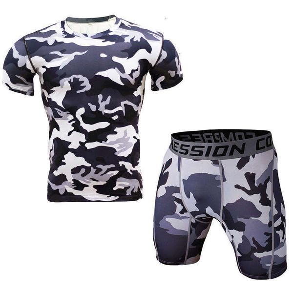 

camouflage special men's tracksuits summer short sleeve t-shirt shorts sports tights fitness suit quick drying sweat, Gray