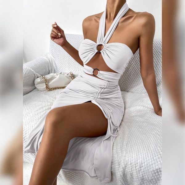 

casual dresses hirigin women 2021 elegant straps ruched midi dress white split party night robe khaki summer, Black;gray
