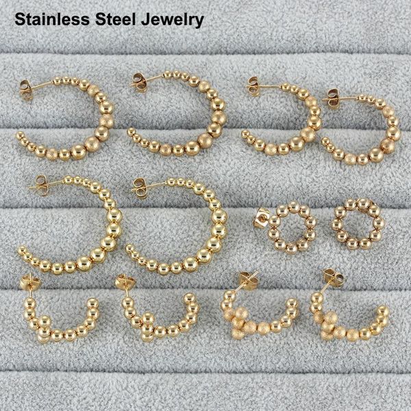 

hoop & huggie luxury stainless steel beaded stud earrings for women gold color statement elegant metal ladies jewelry, Golden;silver