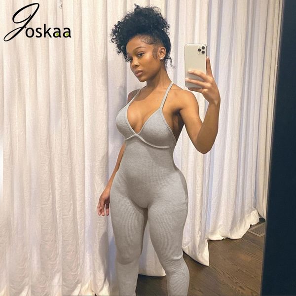 

joskaa v neck summer new strap active sports jumpsuit women club streetwear bandage rompers backless wear outfits pullover 210317, Black;white
