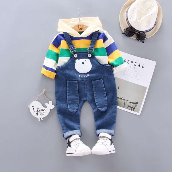

new children's color stripe long sleeve hooded suit baby denim suspenders, Blue