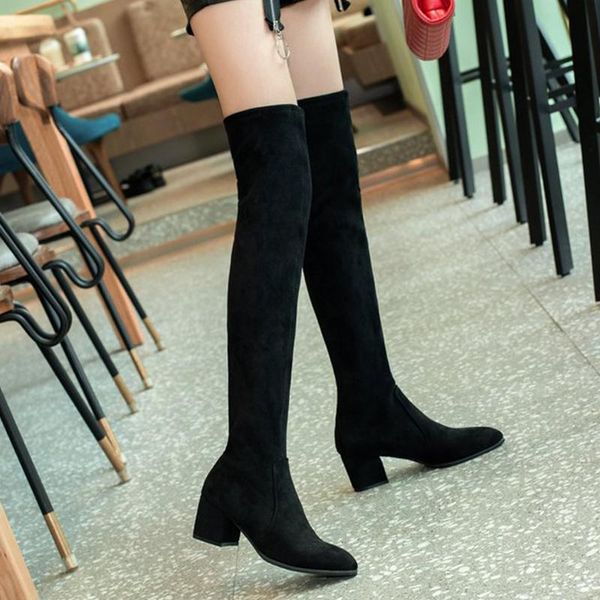 

boots 2021 winter fashion women warm thigh high heel short plush over knee autumn suede shoes, Black