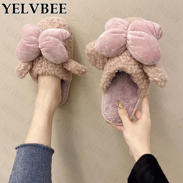 

slippers women designer warm furry home cotton shoes 2021 winter fashion flats sweet bow plush shallow slides flip flops, Black