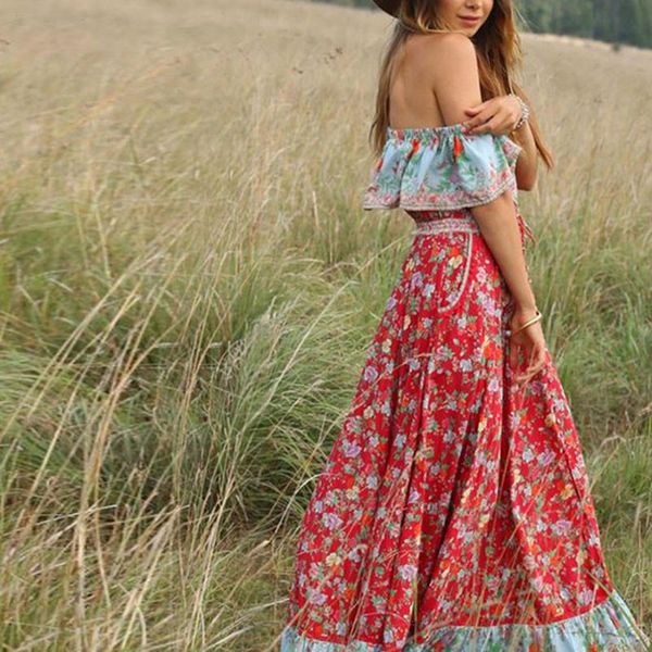 

38 2021 bohemian dress women off the shoulder boho dresses ruffle vintage tied high waist summer floral dress summer, Black;gray