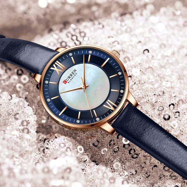 Curren marca feminina relógios 2021 lux elegante senhoras relógio de pulso com pulseira de couro azul Q0524