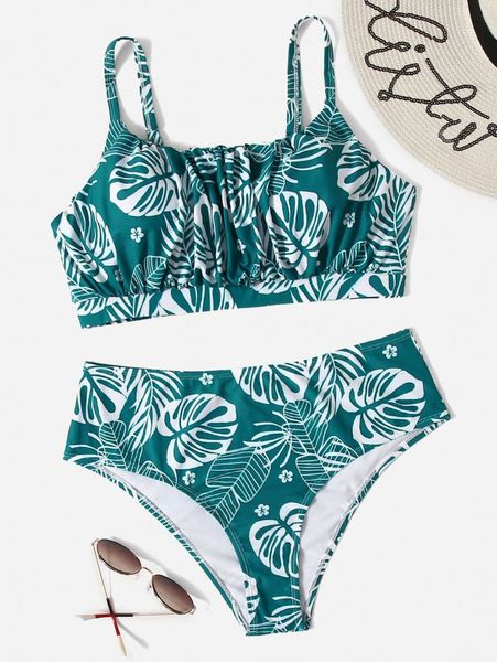 

plus plant print ruched high waisted bikini swimsuit p4jh#, Black