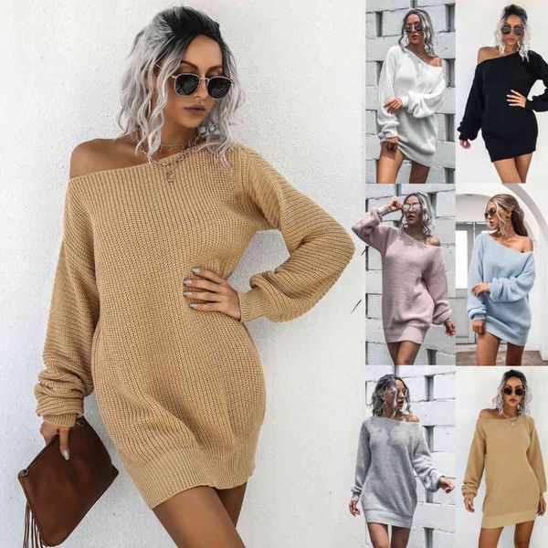 

our women's autumn and winter dress is casual off shoulder lantern sleeve knitted wool dress, White;black