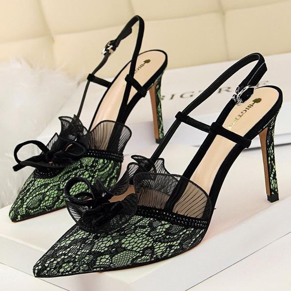 

2021 summer fashion women 5cm stiletto high heels party sandals shallow pointed toe mesh lace sandals purple big size lady shoes, Black