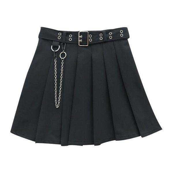 

skirts summer harajuku gothic black pleated mini skirt women high waist fashion punk a-line with belt chain short