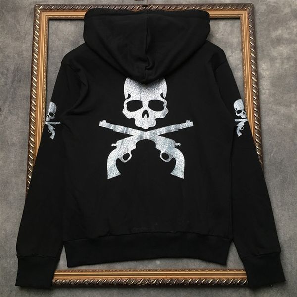

2021 new 100% algodo zip capuz dupla arma crnio estampado com prata quente voltar moletom masculino sweaterwear dd | dvo6, Black