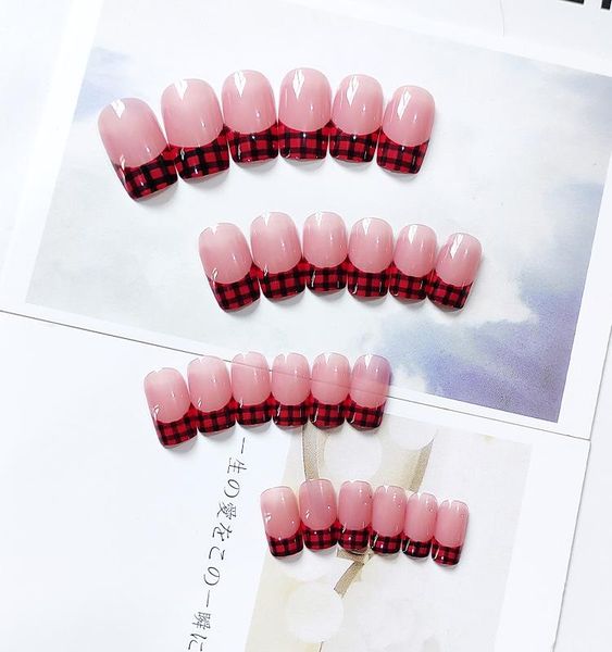 

false nails 2021 24pcs red & black plaid nail patch glue type removable long paragraph fashion manicure save time fre-drop, Red;gold